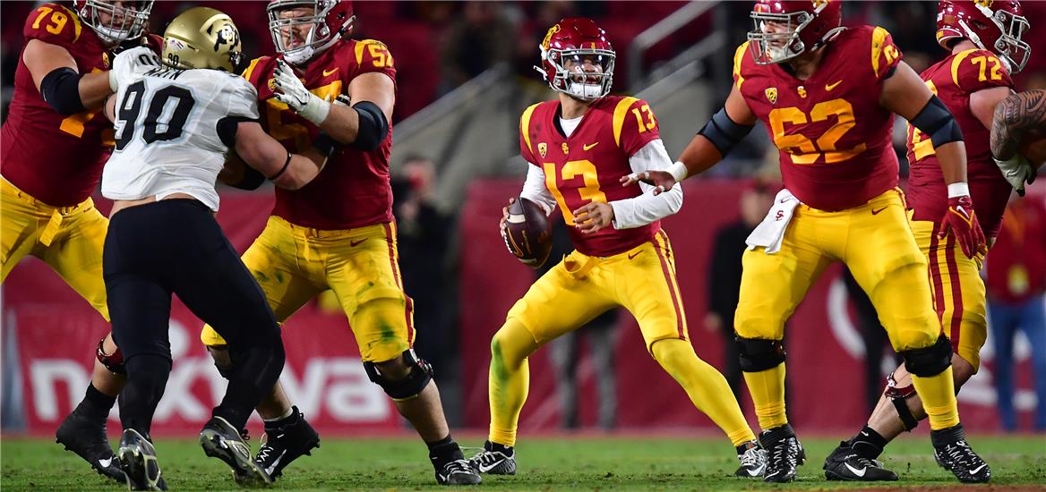 Southern California Trojans quarterback Caleb Williams (13) drops back to pass against the Colorado Buffaloes during the first half at the Los Angeles Memorial Coliseum. Gary A. Vasquez-USA TODAY Sports

                    