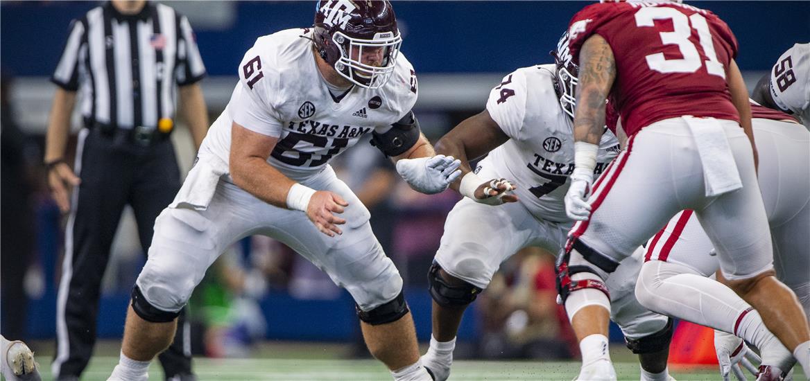 Texas A&M Aggies offensive lineman Bryce Foster (61) in action during the game between the Arkansas Razorbacks and the Texas A&M Aggies at AT&T Stadium. Jerome Miron-USA TODAY Sports

                    