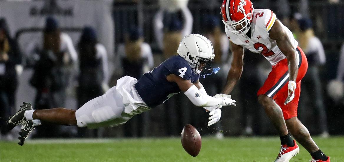 Penn State Nittany Lions cornerback Kalen King (4) breaks up a pass intended for Maryland Terrapins wide receiver Jacob Copeland (2) during the third quarter at Beaver Stadium. Penn State defeated Maryland 30-0.  Matthew OHaren-USA TODAY Sports

                    